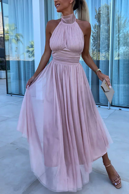 Rosiedress Halter Backless Waisted Tulle Maxi Dress Pink