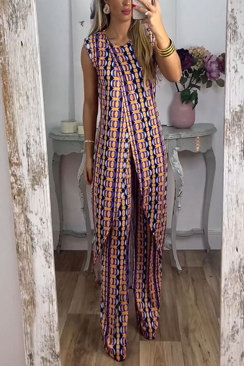 Rosiedress Printed High Slit Long Tank Top and Bell Bottoms Pants Set DarkBlue