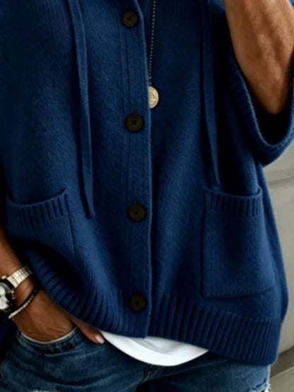Full Size Casual Hooded Button-Down Knit Cardigan with Pockets Plus Size