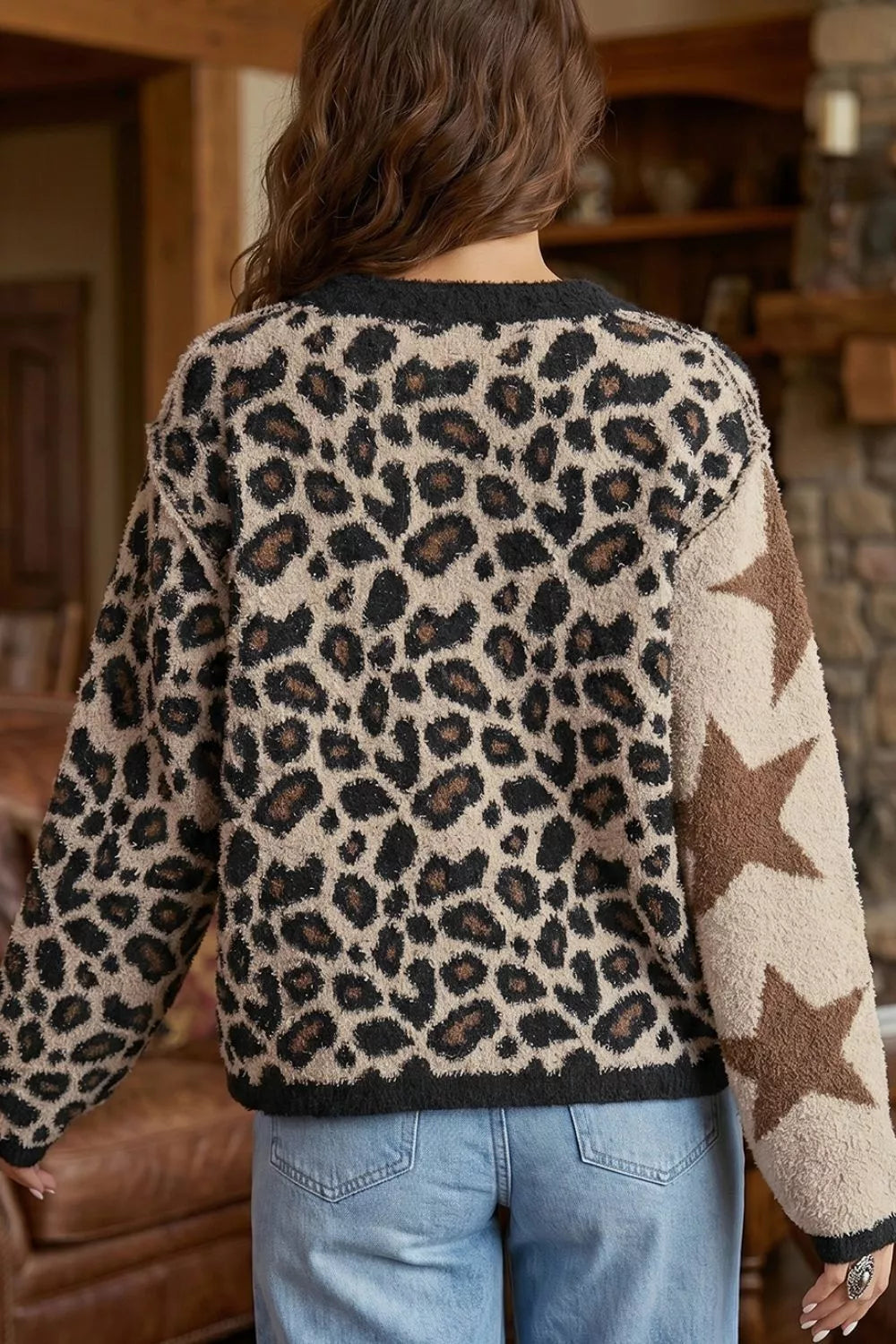Leopard Star Pattern Round Neck Long Sleeve Shift Sweater