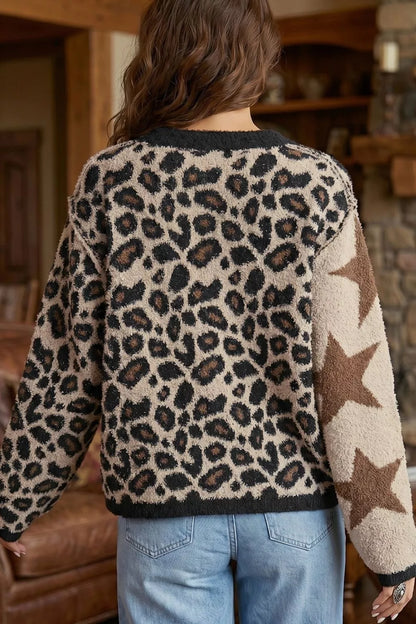 Leopard Star Pattern Round Neck Long Sleeve Shift Sweater