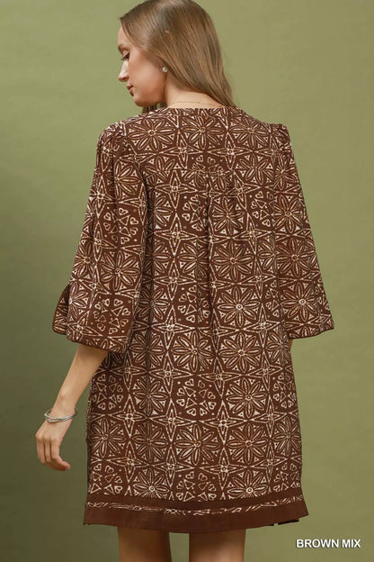 Umgee Mix Geometric Print V-Neck Tassel Detail Tunic Dress