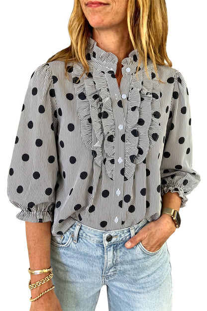 Black white Polka Dot Striped Print Ruffle Stand Neck 3/4 Sleeve Shift Shirt