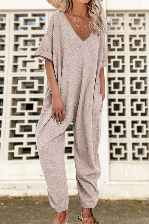 V Neck Half Sleeves Loose Fit Jumpsuit Apricot