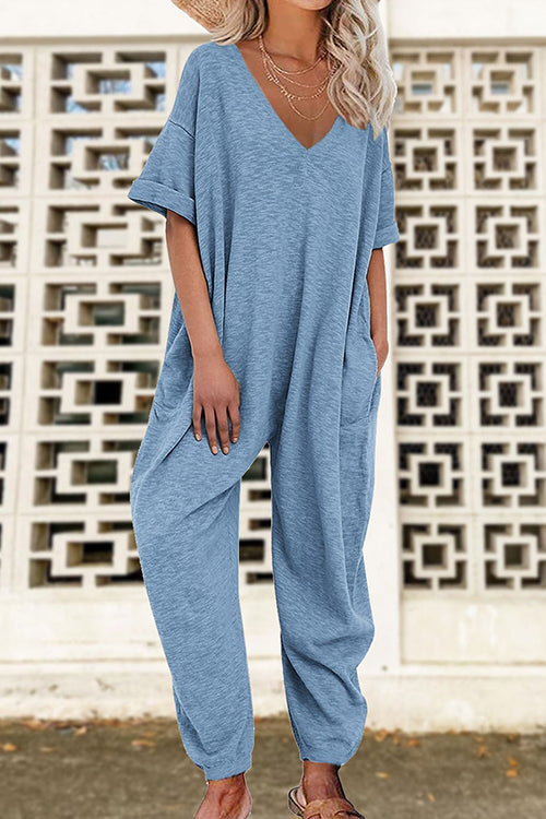 V Neck Half Sleeves Loose Fit Jumpsuit Blue