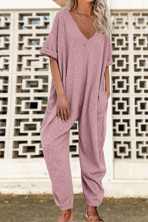 V Neck Half Sleeves Loose Fit Jumpsuit Pink
