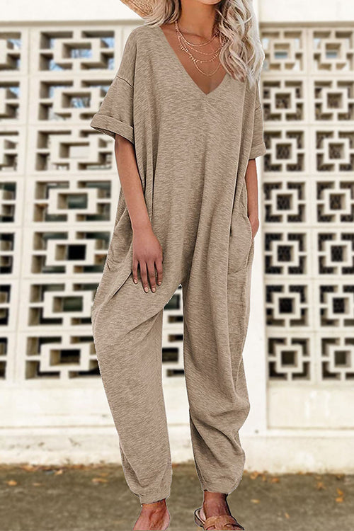 V Neck Half Sleeves Loose Fit Jumpsuit Khaki