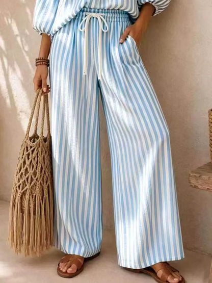 : Plus Size Striped Puff Sleeve Shirt & Wide-Leg Pants Set