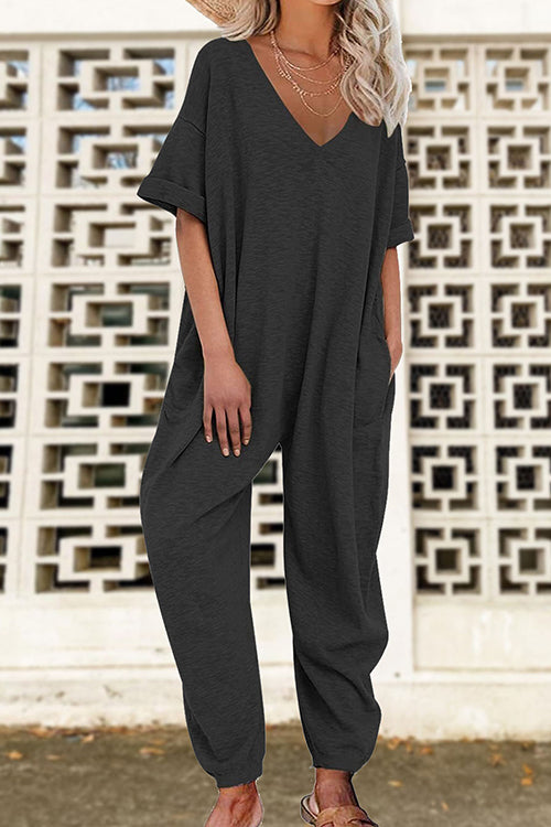 V Neck Half Sleeves Loose Fit Jumpsuit Black