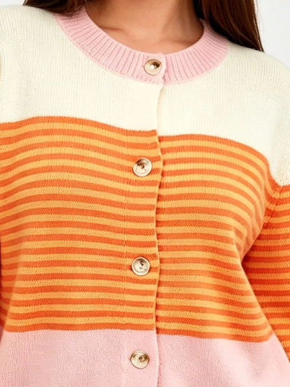 Color Block Striped Button Up Cardigan