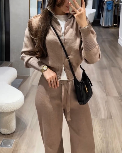 Casual Comfortable Solid Color Knitted Jacket & Pants Two-Piece Set