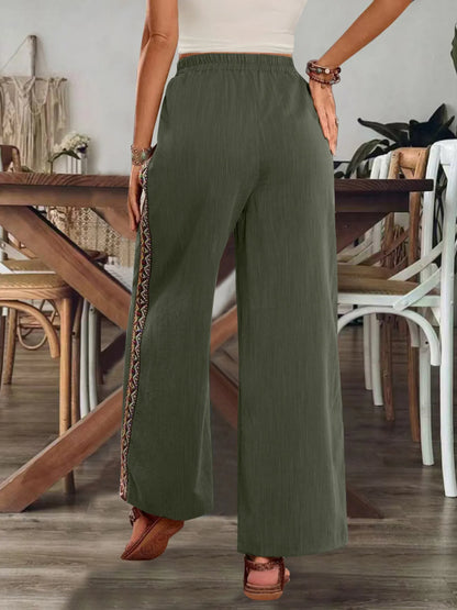 Bohemian Wide Leg Embroidered Side Stripe Pants