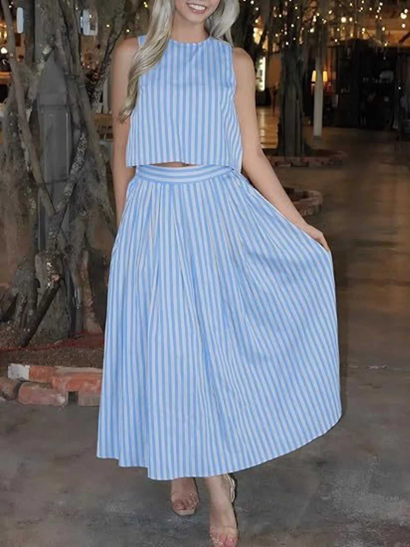 Striped Sleeveless Top and Midi Skirt Two-Piece Set