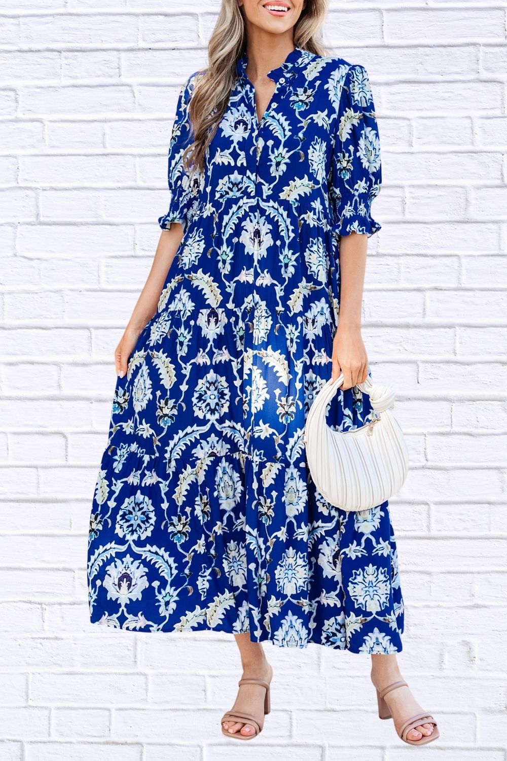 Wild Floral Print Frilled Collar Half Sleeve Dress for Women