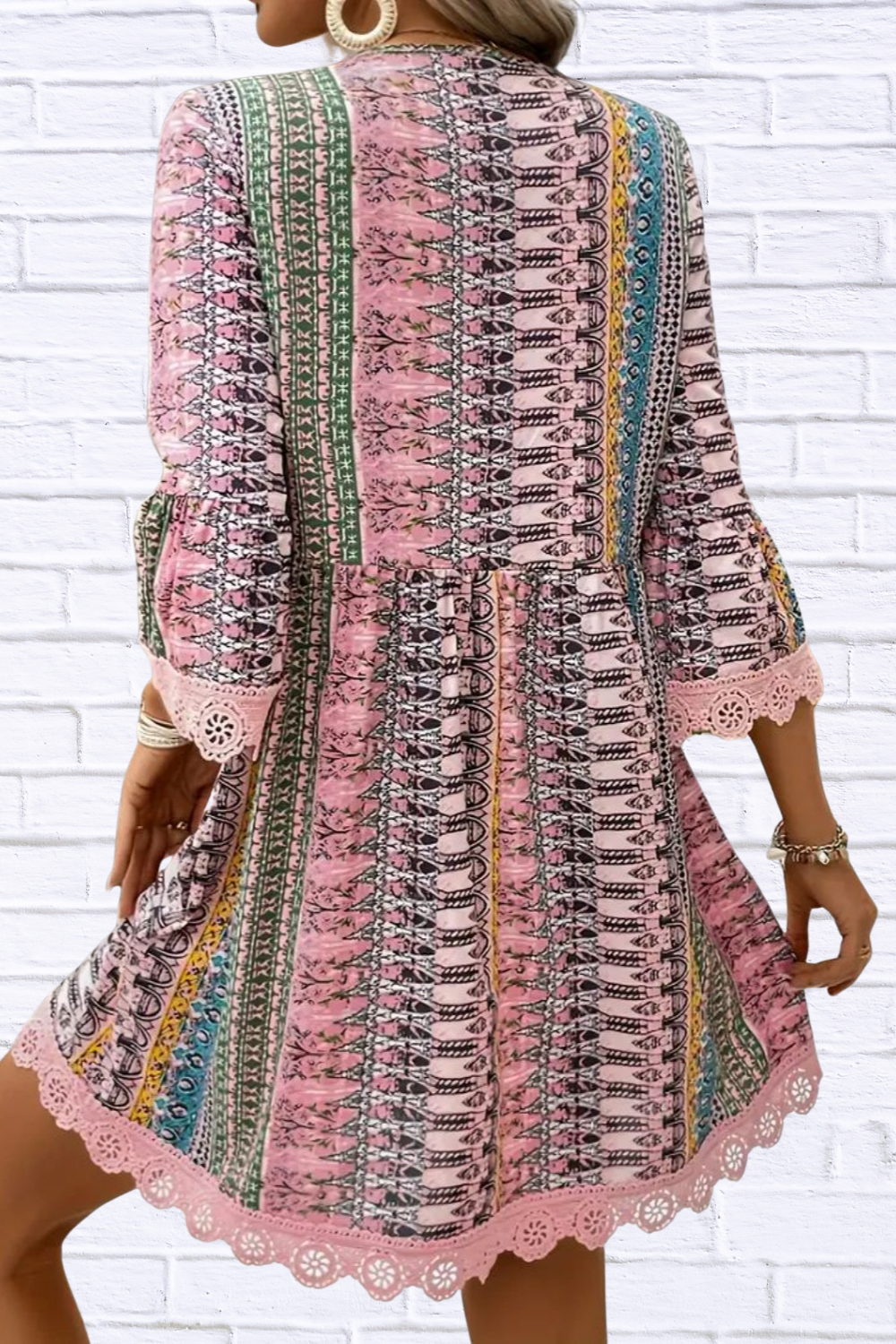 Lace Trim Printed V-Neck 3/4 Sleeve Dress