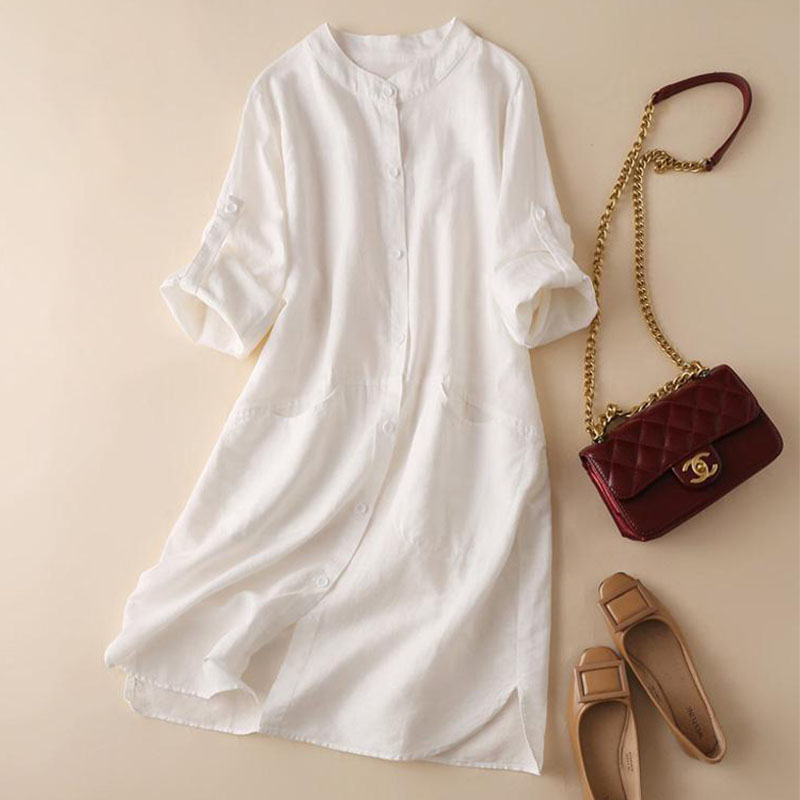 Literary Loose Stand Collar Cotton Linen Shirt Dress