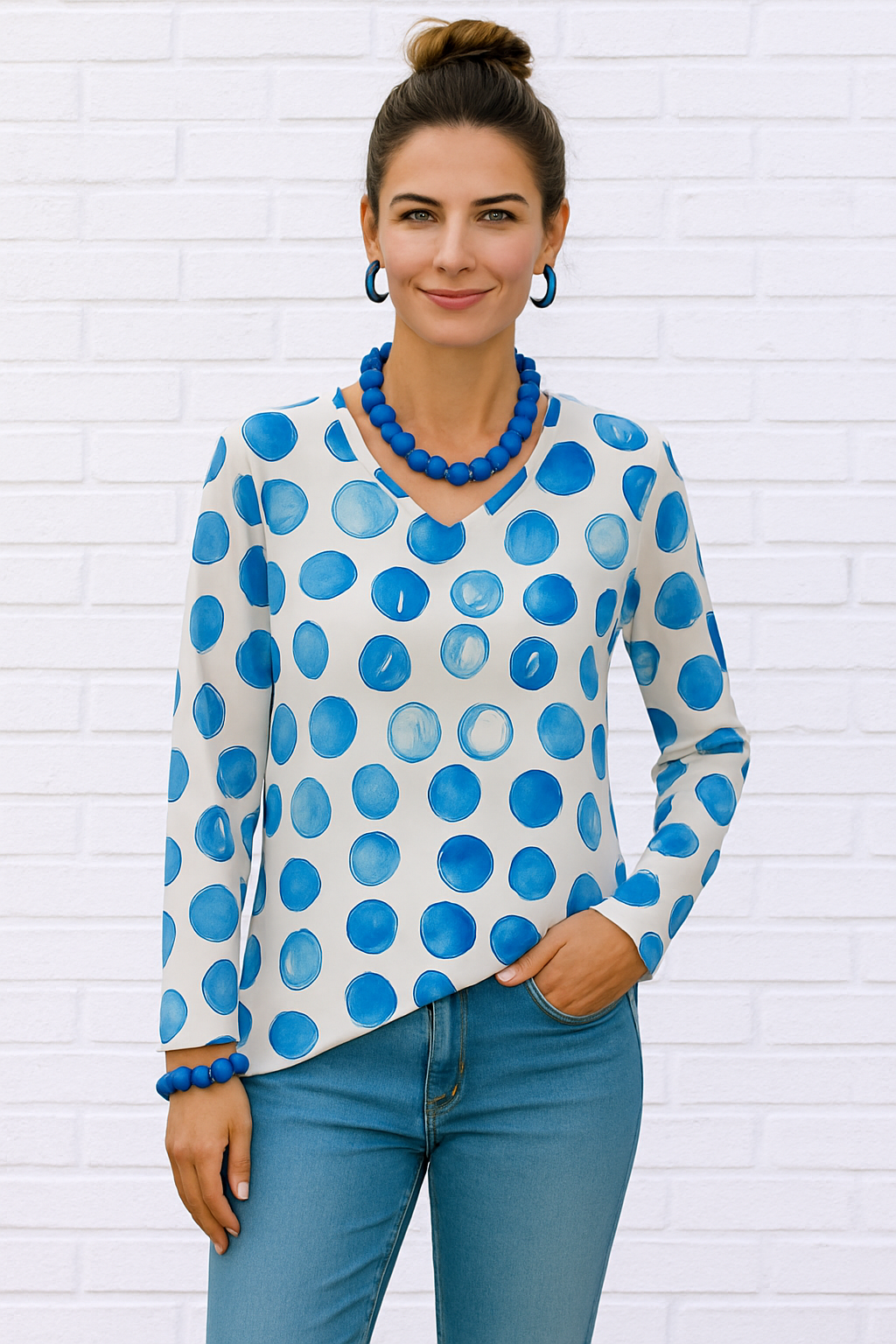 Women's  Polka Dot V-Neck Elbow Length Sleeve top