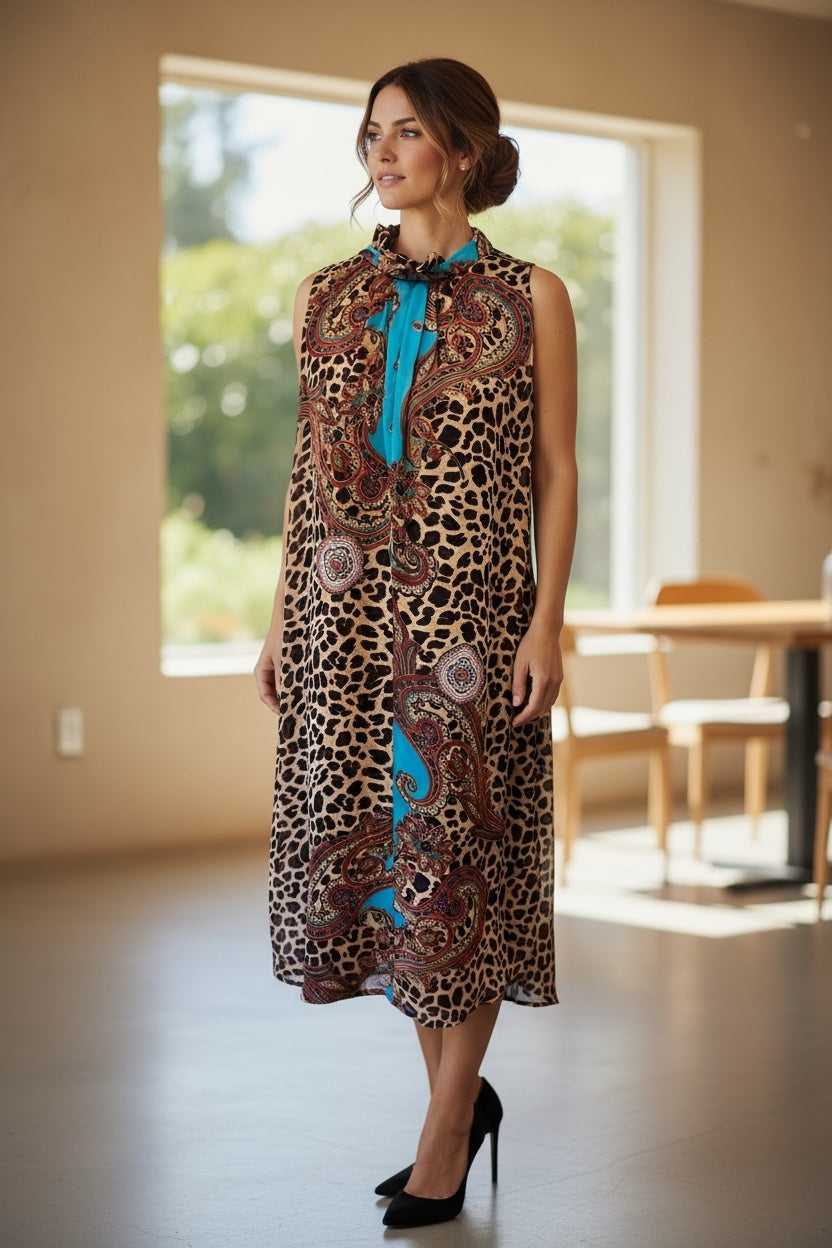 Animal and Paisley Print Sleeveless Maxi Dress – High Neck Bow Detail Flowy Woven Dress