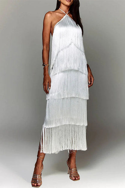 Rosiedress Chicest Halter Ruffle Layered Fringe Maxi Party Dress White