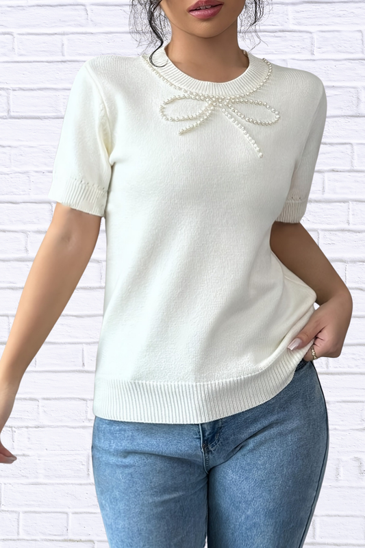 Pearl Bow Embellished Round Neck Sweater