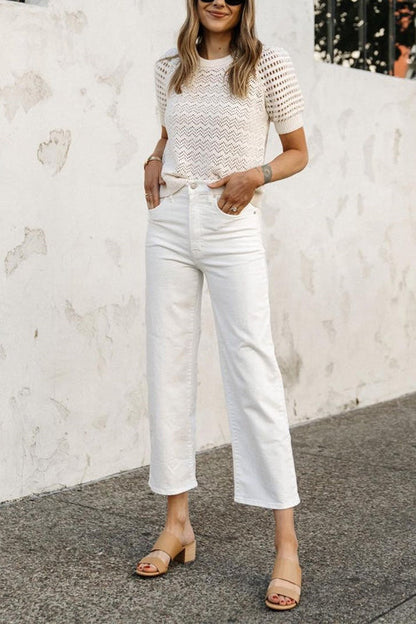 Short Sleeves Crochet Hollow Out Sweater White