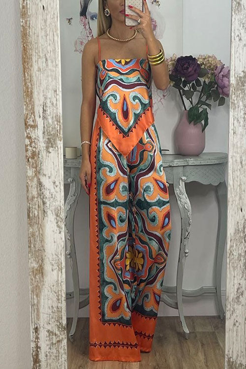 Rosiedress Tie Back Irregular Cami Top Wide leg Pants Printed Set Orange