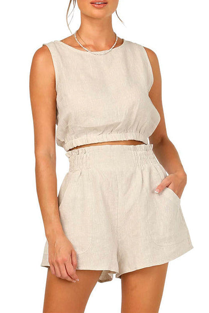 Solid Crop Tank Top Elastic Waist Wide Leg Shorts Set Beige