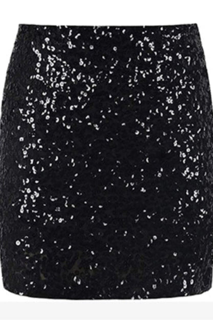 Rosiedress Elastic Waist Sparkly Sequin Mini Skirt Black