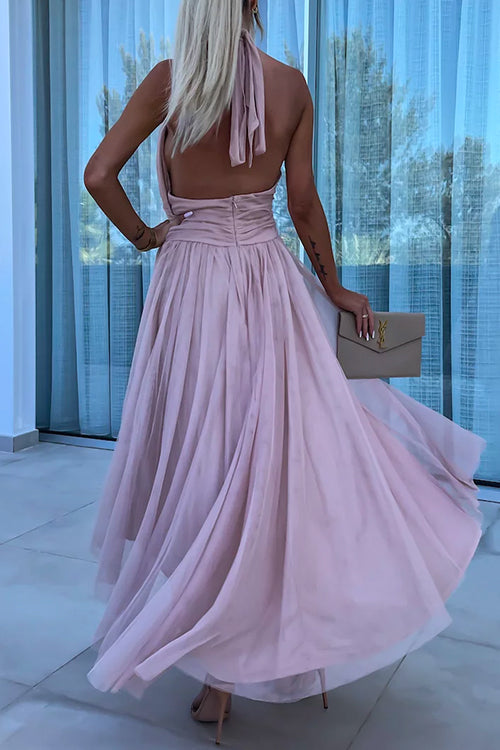 Rosiedress Halter Backless Waisted Tulle Maxi Dress