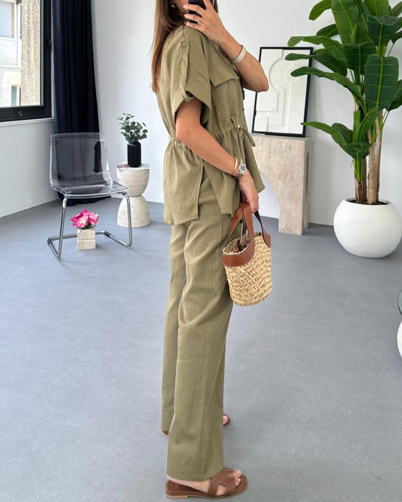 Workwear drawstring casual two-piece set