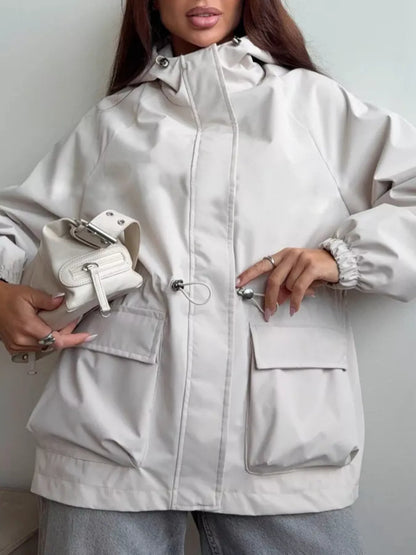 Drawstring Waist Hooded Windbreaker Outerwear