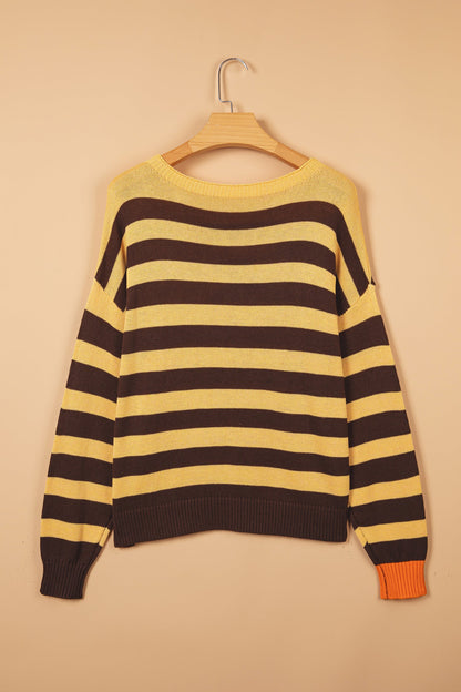 Brown Stripe Striped Drop Shoulder Colorblock Pullover Sweater