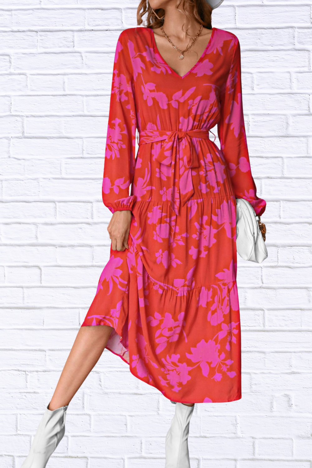 Floral V-Neck Long Sleeve Dress