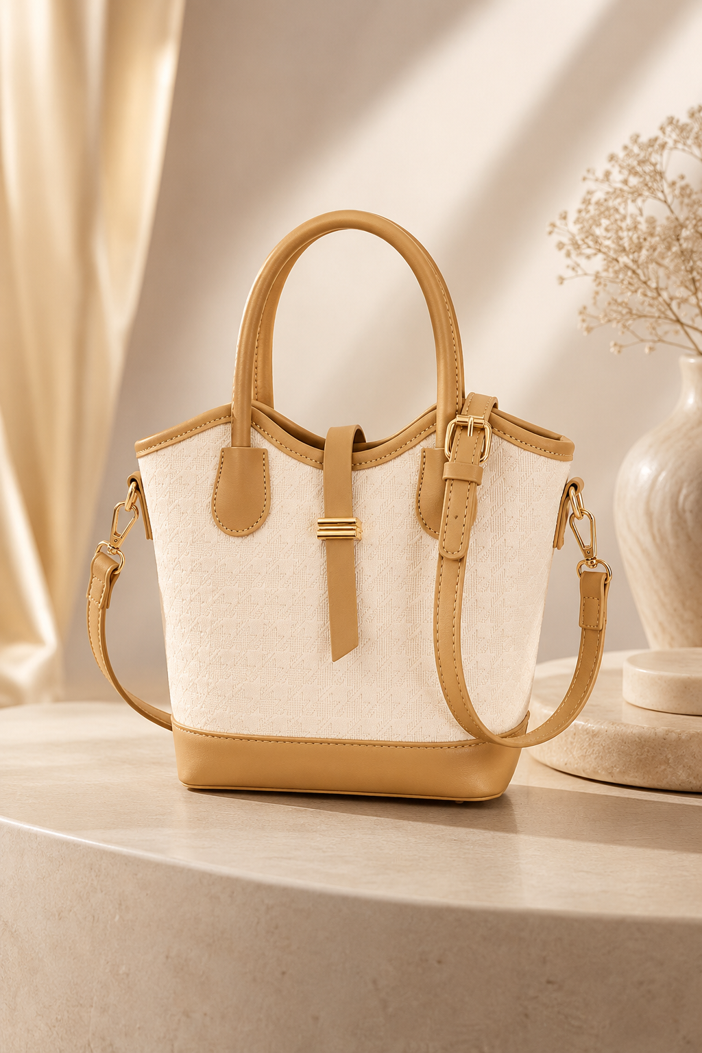 Houndstooth Bucket Bag with Tan Trim