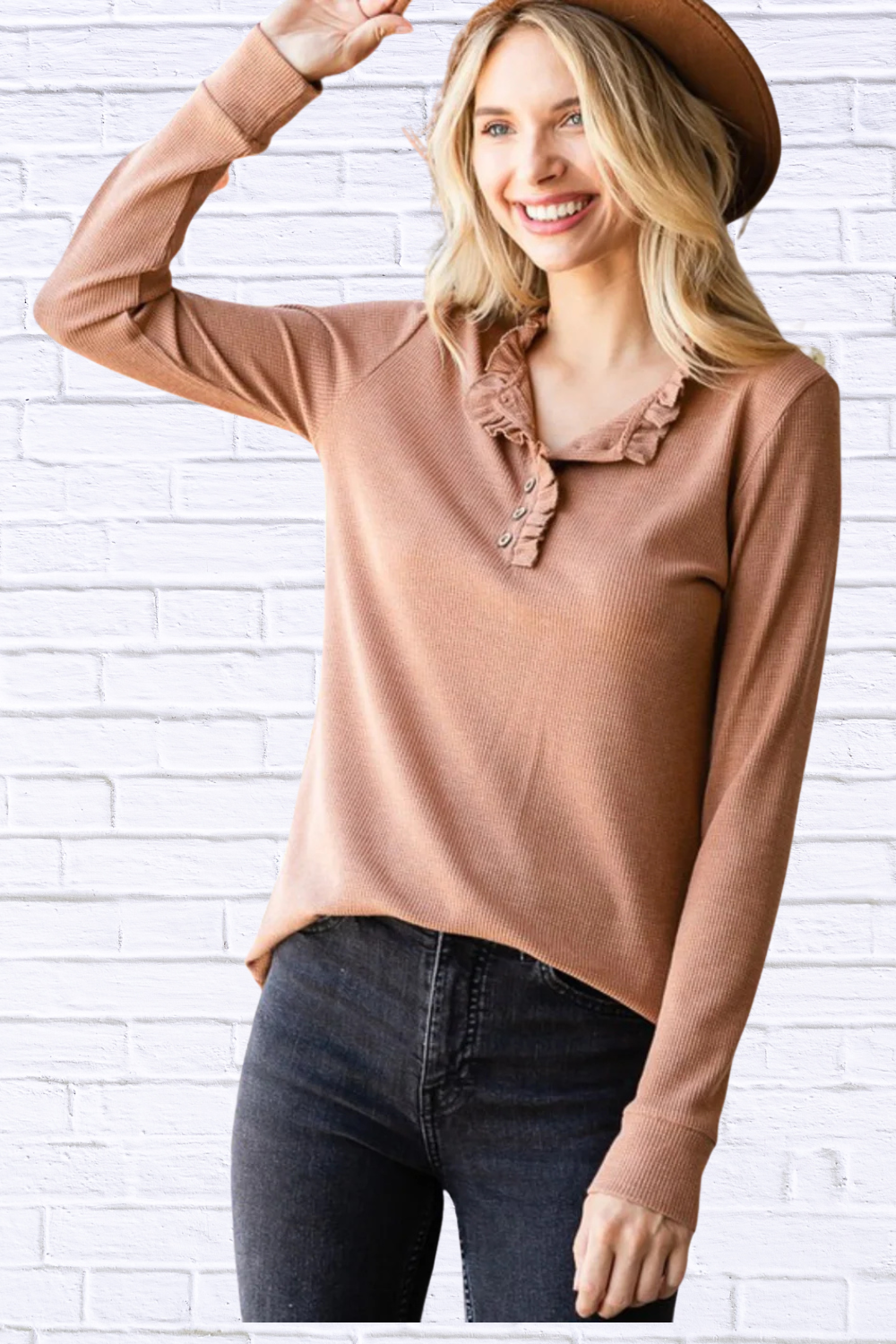 Camel Ruffle Button Top