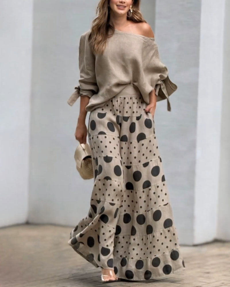 Casual Shoulder Top & Printed Pants Two-Piece Set