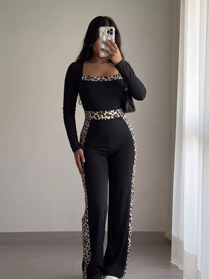 Leopard Trim Long Sleeve Jumpsuit