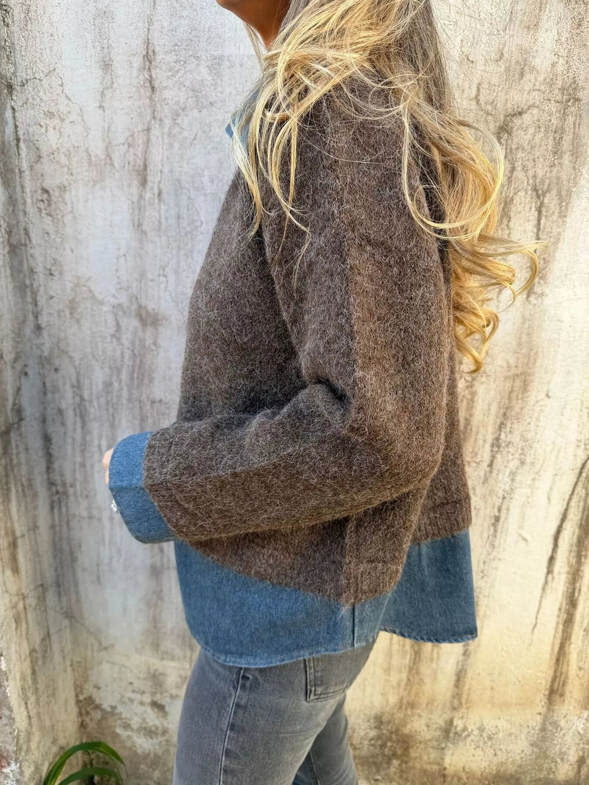 Contrast Denim Collar Half-Zip Knit Sweater