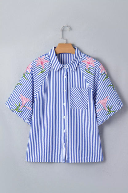 Striped Floral Embroidered Puff Sleeve Button Down Shirt