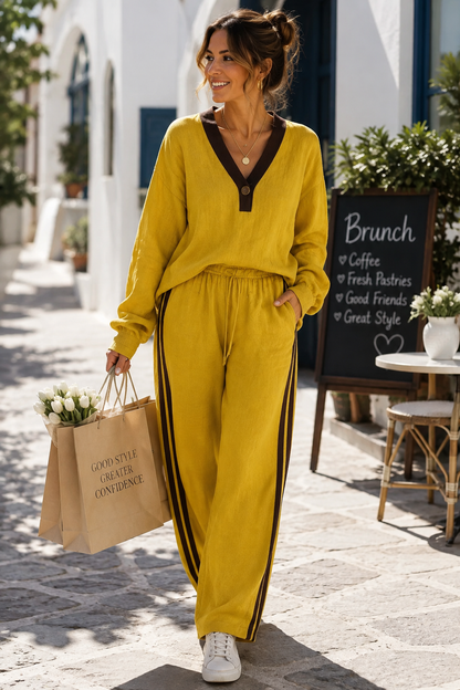Contrast V-Neck Top and Striped Pants Set | Diva USA