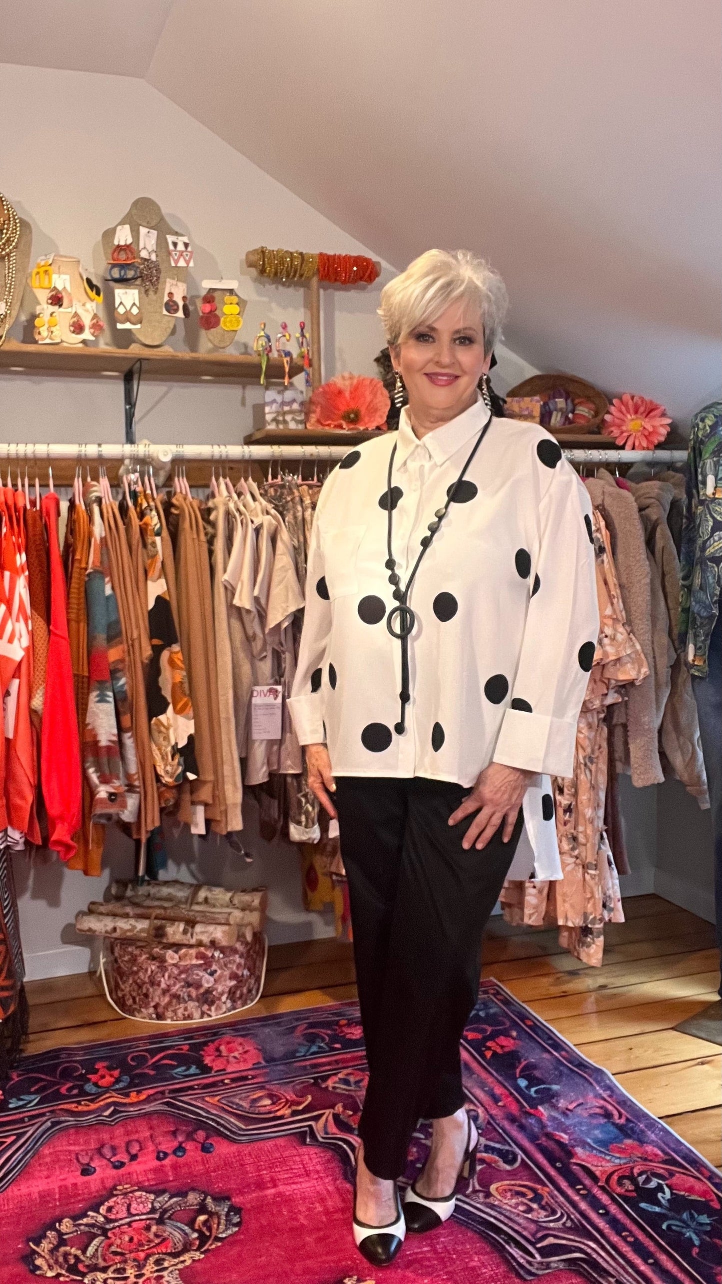 Polka Dot Perfection: Collared Button-Through Blouse with High-Low Hem