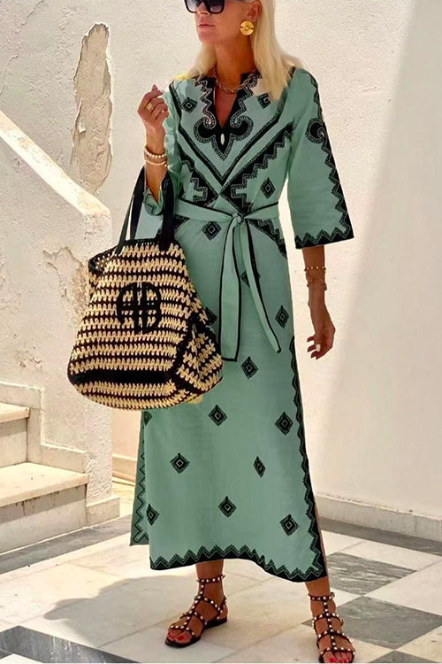 V Neck Tie Waist Side Split Bohemia Printed Maxi Dress Green