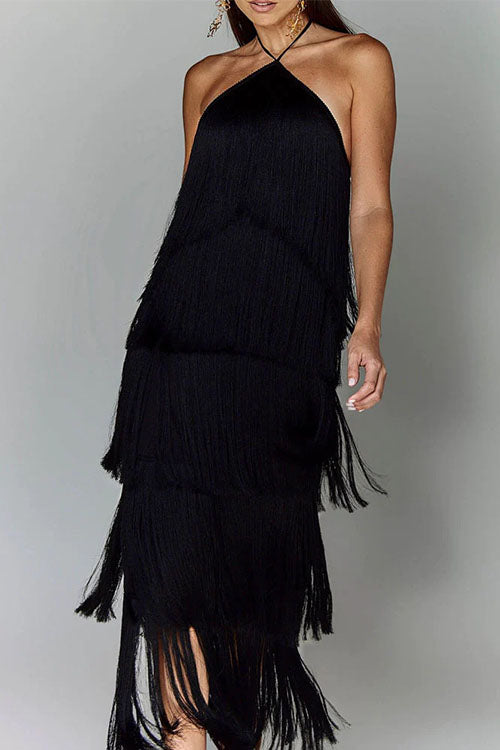 Rosiedress Chicest Halter Ruffle Layered Fringe Maxi Party Dress Black