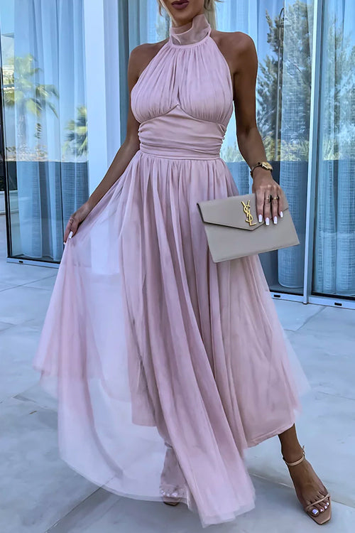 Rosiedress Halter Backless Waisted Tulle Maxi Dress