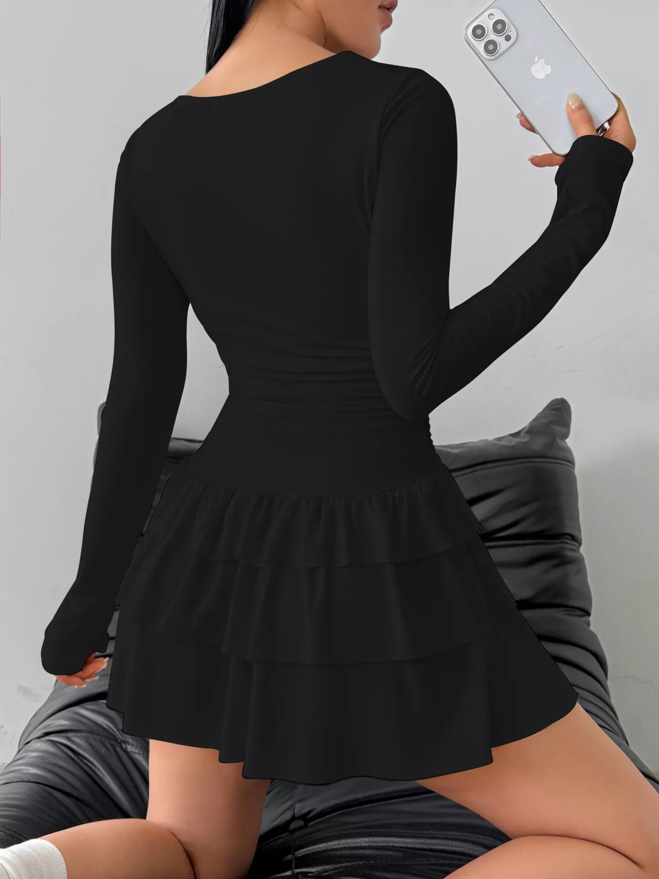 Elara's Ruched Long Sleeve Layered Ruffle Mini Dress