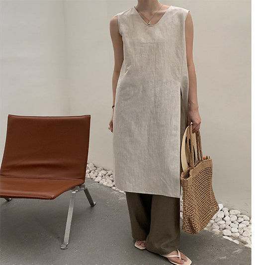 Simple Sleeveless Linen Long Shirt