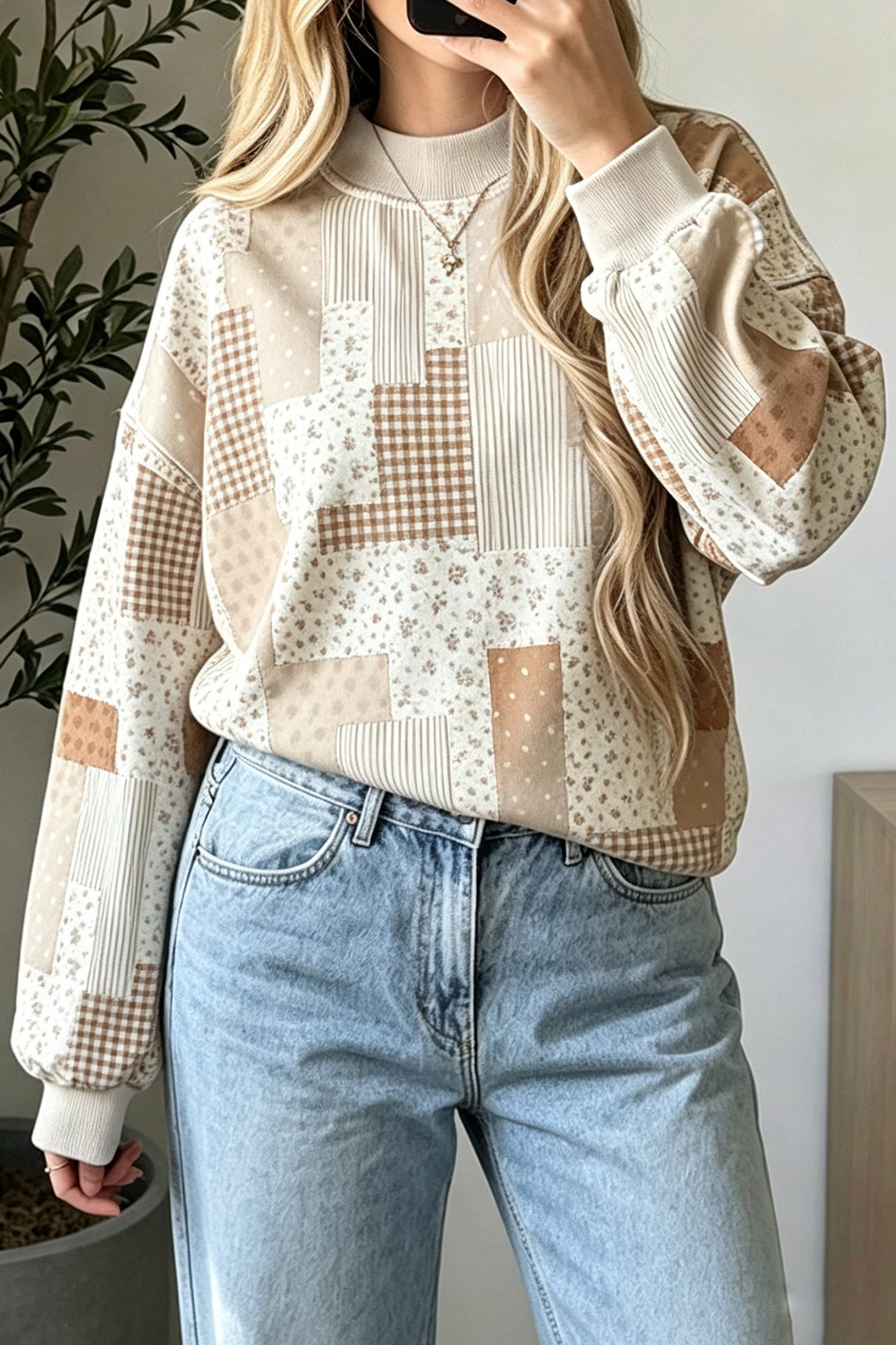 Sky Blue Patchwork Floral Print Mock Neck Long Sleeve Sweatshirt