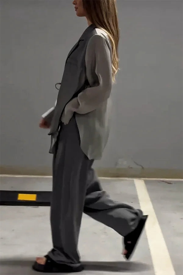 Ensemble veste à lacets irréguliers en mousseline de soie chic et élégant et pantalon droit à poches