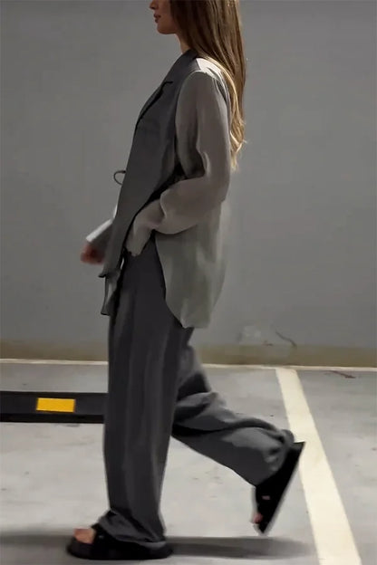 Ensemble veste à lacets irréguliers en mousseline de soie chic et élégant et pantalon droit à poches