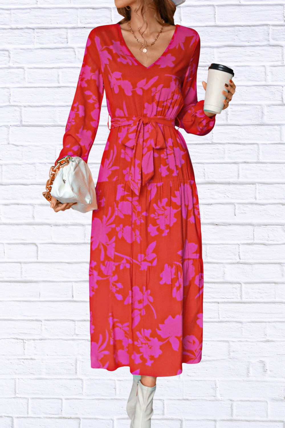 Floral V-Neck Long Sleeve Dress